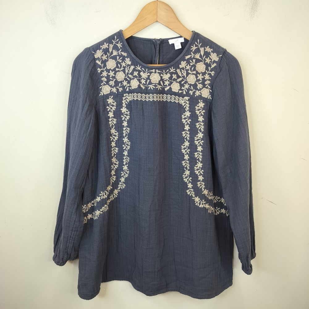 J. Jill Embroidered Gauze Cotton Blouse Tunic XS Floral Long Sleeve Boho Gray